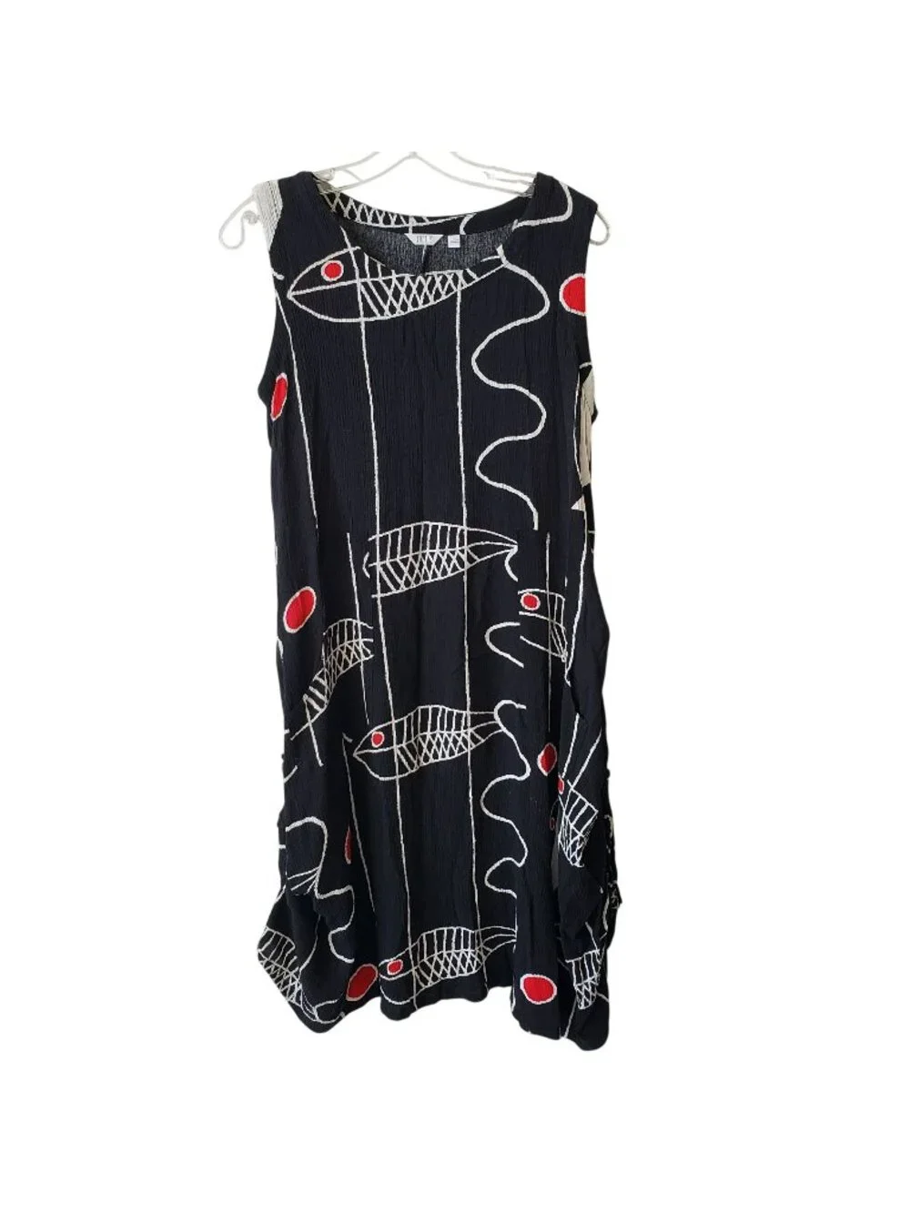 Kaktus Black White Red Fish Print Lagenlook Midi Dress S Boho Art to Wear - Picture 1 of 9